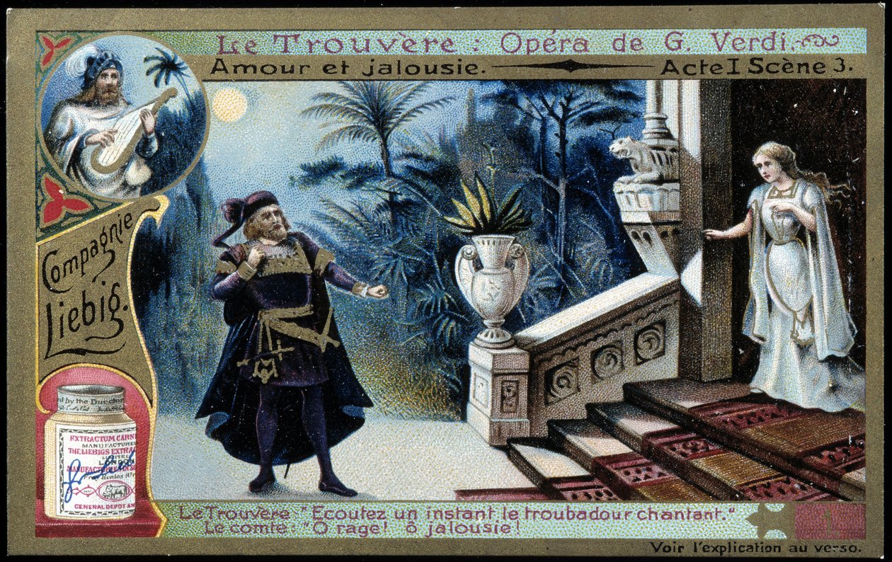 Il trovatore di Verdi: atto I sc. 3 - Cromolitografia Liebig, ca 1900 da French School