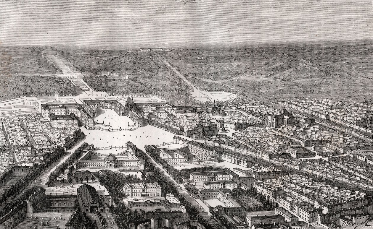 Versailles con il suo castello nel XIX secolo - incisione in "La France illustrée: géographie, histoire, administration statistique" di V.A. Malt-Brown. 1884 da French School