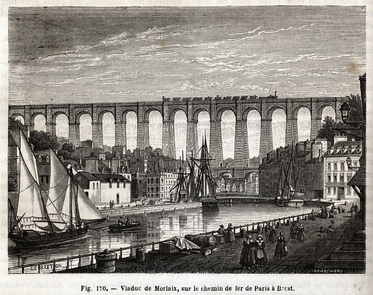 Viadotto di Morlaix, sulla ferrovia da Parigi a Brest (Francia). Incisione di Lebreton e Marchand, in "Les Merveilles de la Science" di Louis Figuier (1819-1894), edizione Jouvet et Cie da French School