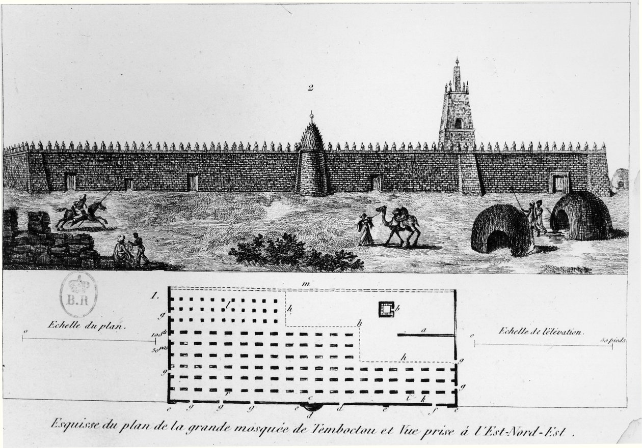 Vista e pianta della grande moschea di Timbuktu, da Journal d