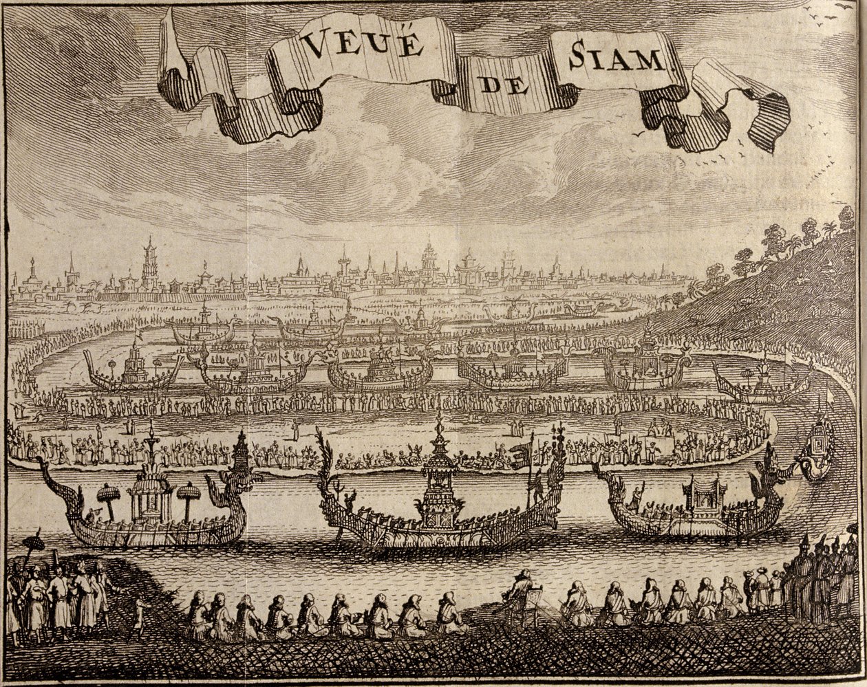 Veduta di Ayutthaya con barche reali, da Voyage du Siam des Peres Jesuites di Guy Tachard, 1688 da French School