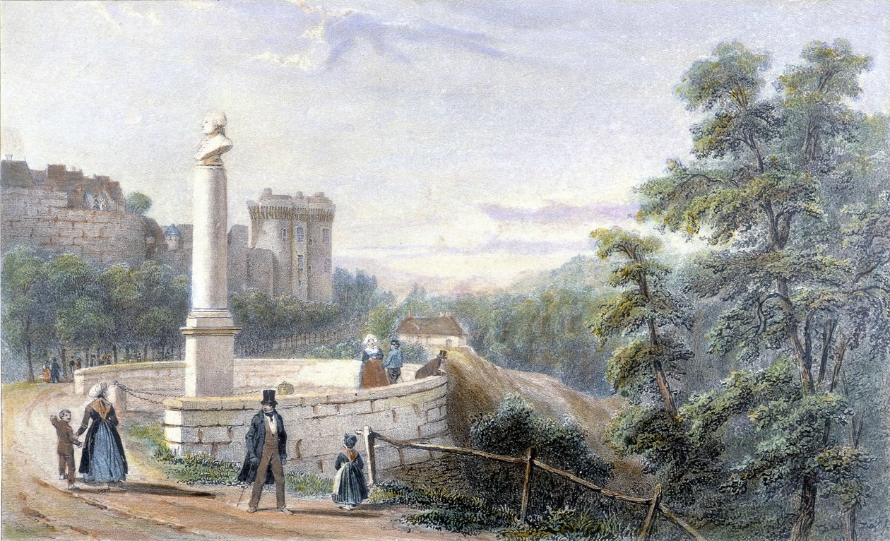 Veduta del Castello di Dinan e della statua di Duclos Pinot. Illustrazione del XIX secolo conservata al Museo di Dinan. da French School