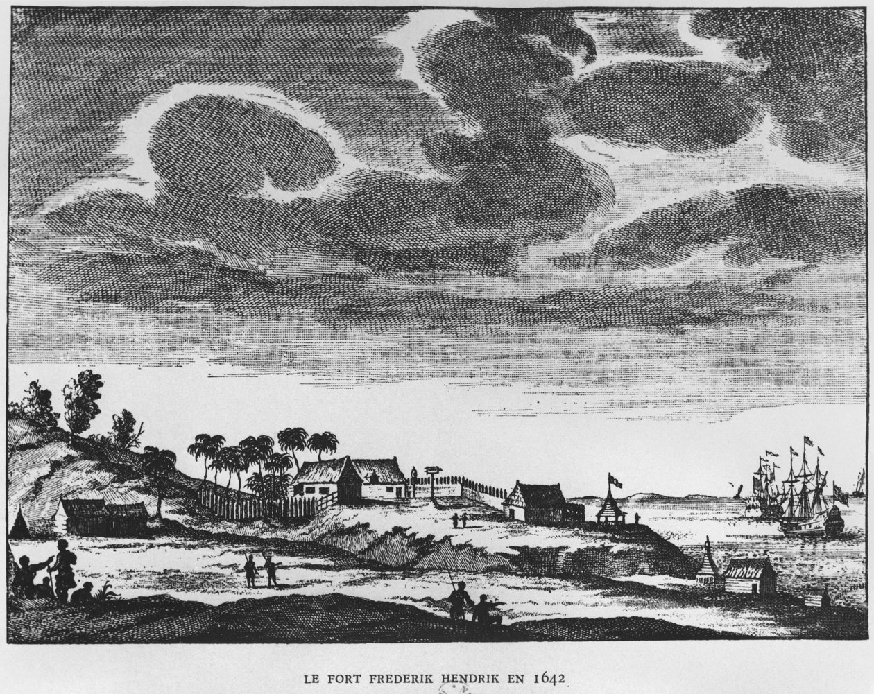Veduta di Fort Frederik Hendrik, Mauritius, nel 1642, illustrazione da Le Premier Etablissement Neerlandais a Maurice di Prince Roland Bonaparte, 1890 da French School