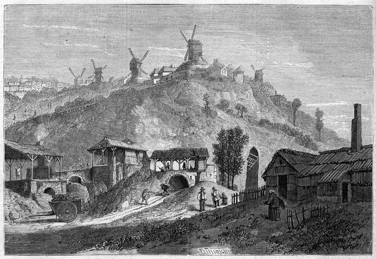 Veduta di Montmartre nel 1859, prima di unirsi alla città di Parigi nel 1860. Veduta presa dalla pianura di Saint Denis. Incisione in 