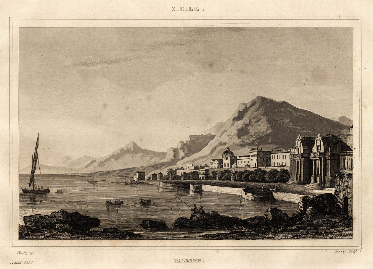 Veduta di Palermo, Sicilia, incisione di Storelli, in "Picturesque Italy", a cura di Amable Coste da French School