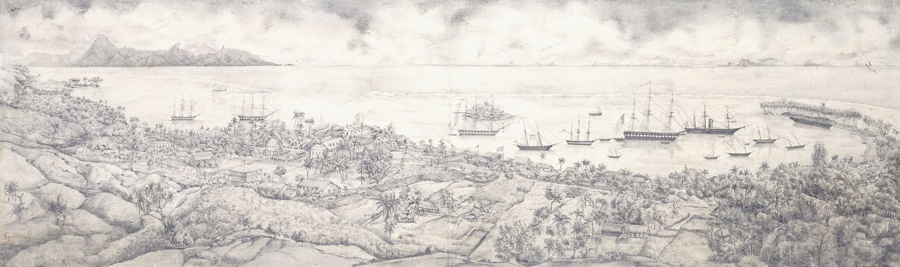 Veduta di Papeete, Tahiti, con vista sul porto verso Moorea da French School