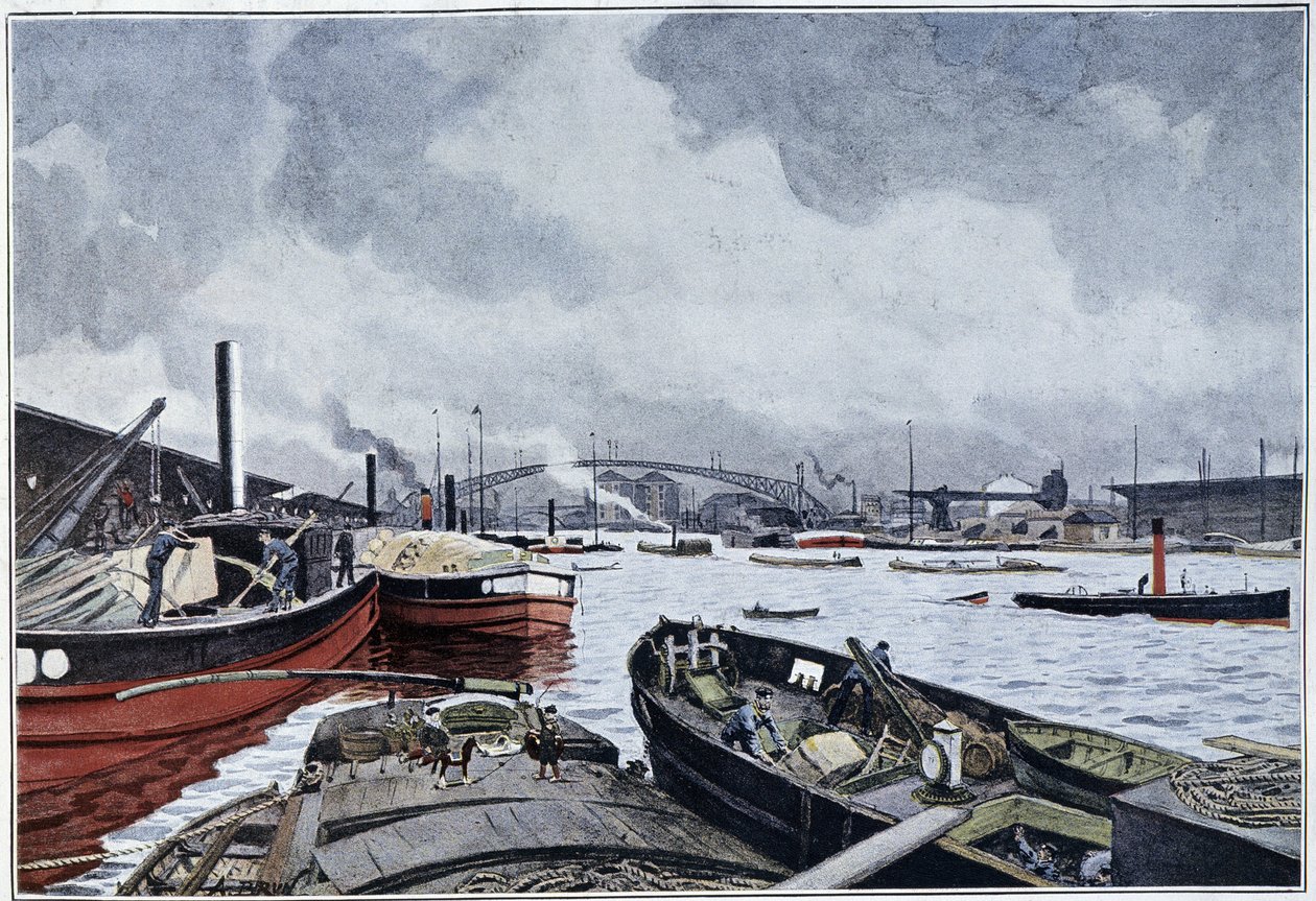 Veduta di Parigi, la Senna e il Bacino della Villette, acquerello di Brun. 1889 da French School