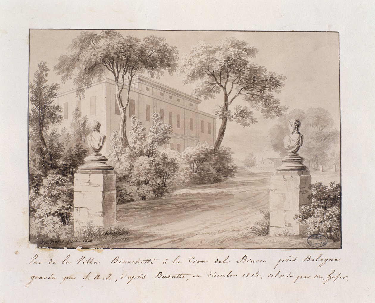 Veduta di Villa Bianchetti a Croce del Biacco vicino a Bologna, inciso da S.A.I. dopo Busatti, colorato da M. Hofer, dicembre 1814 da French School