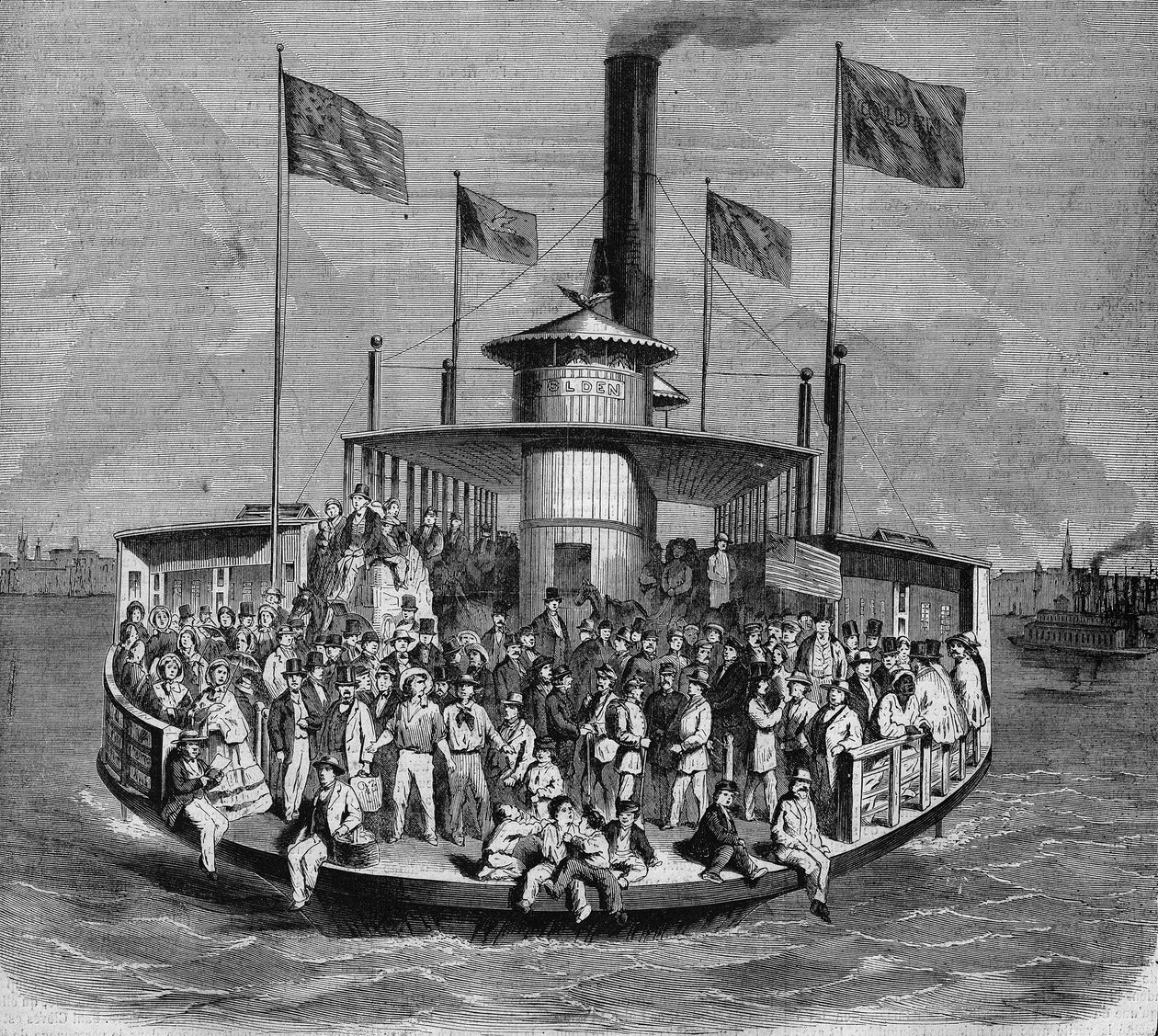 Veduta di un piroscafo che collega le isole e la città di New York. Incisione da French School
