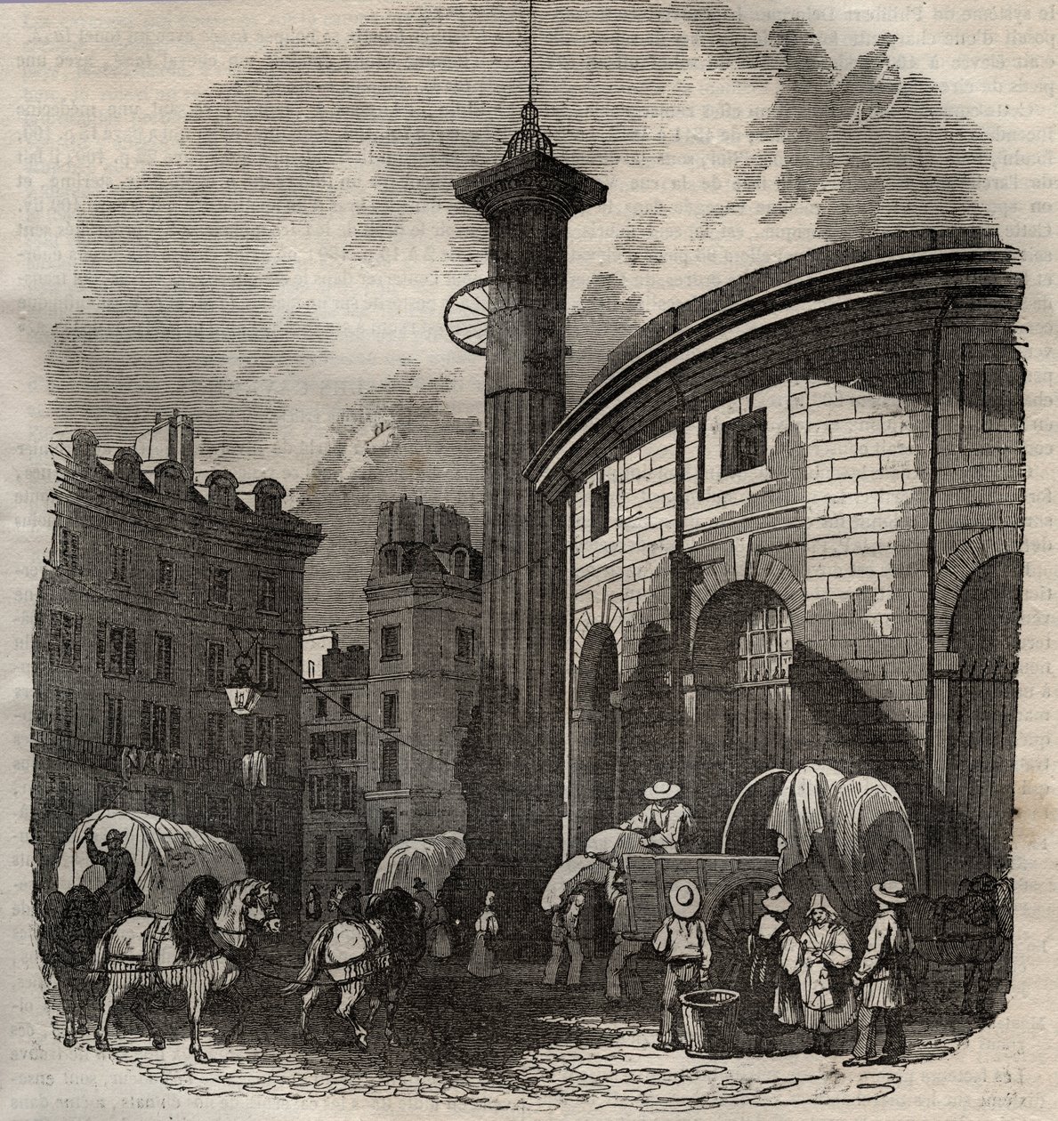 Vista della halle au blé a Parigi (costruita nel 1763-1769) e della colonna Medici, incisione inizio XIX secolo - scambio di grano e mais a Parigi (costruita nel 1763-1769), incisione inizio XIX secolo - Vista della Halle au blé, posta sull