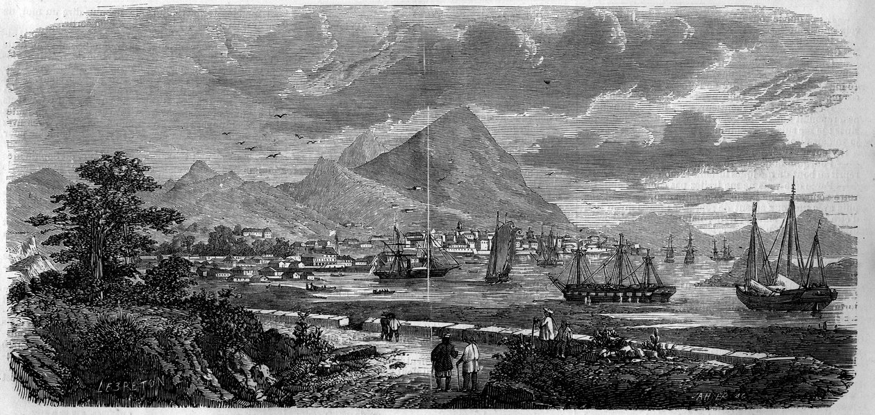 Veduta della città di Hong Kong (Hong Kong) (Isola della Baia di Canton) nel 1857. Incisione in "Le Monde Illustré" n.29 del 31 ottobre 1857. da French School