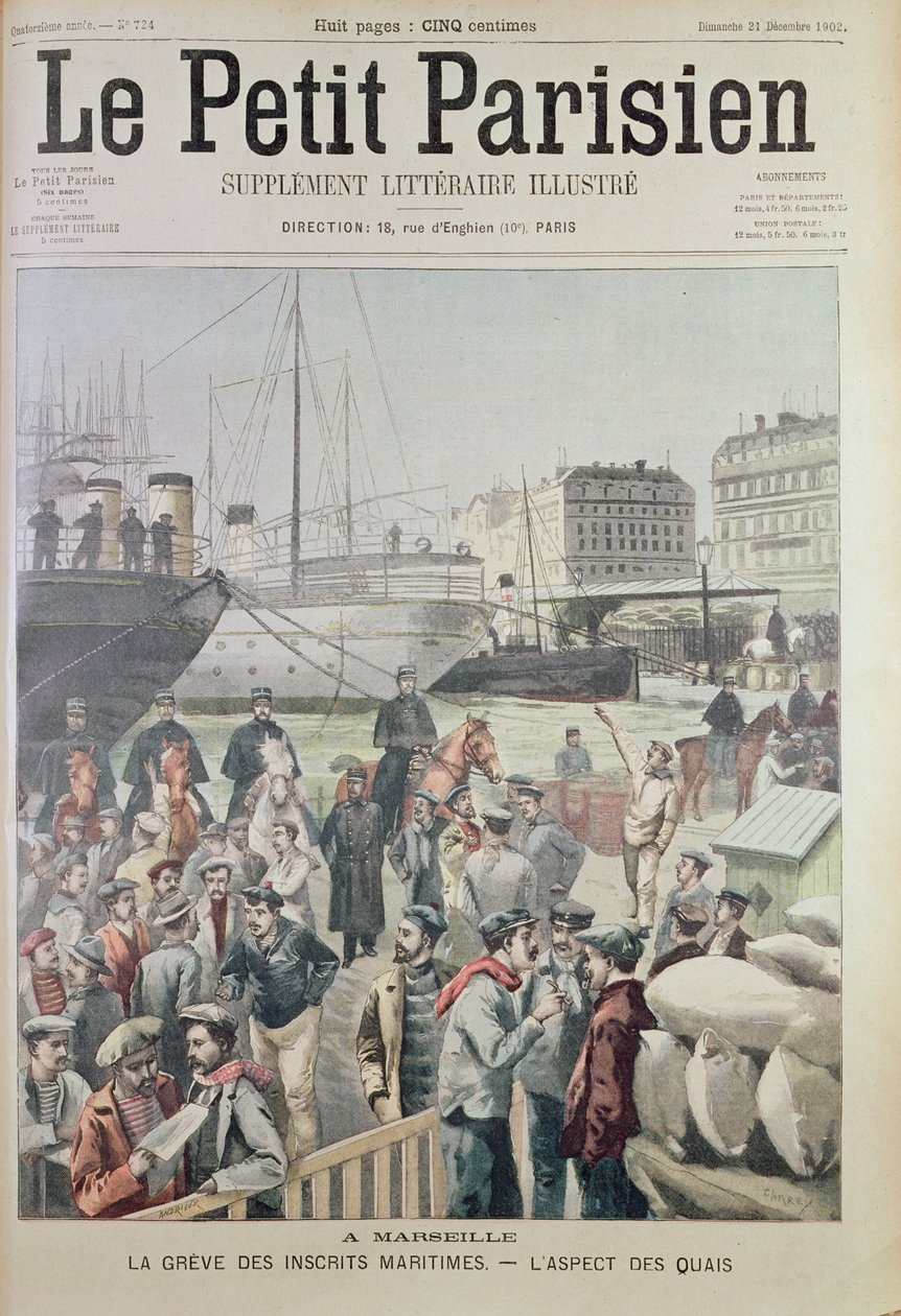 Veduta dei Docks di Marsiglia durante lo sciopero marittimo, dalla copertina di Le Petit Parisien, 21 dicembre 1902 da French School
