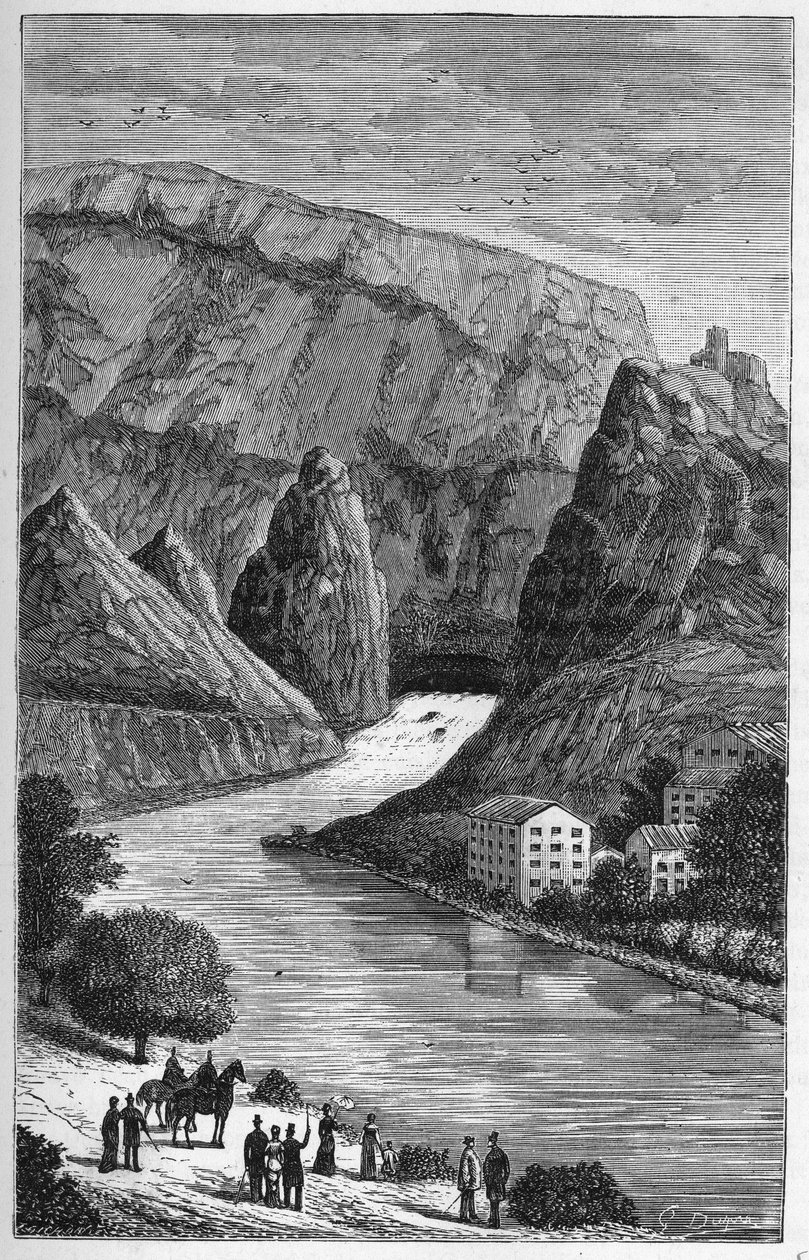 Veduta della Fontaine du Vaucluse nel dipartimento di Vaucluse, regione Provenza-Alpi-Costa Azzurra - Incisione in 