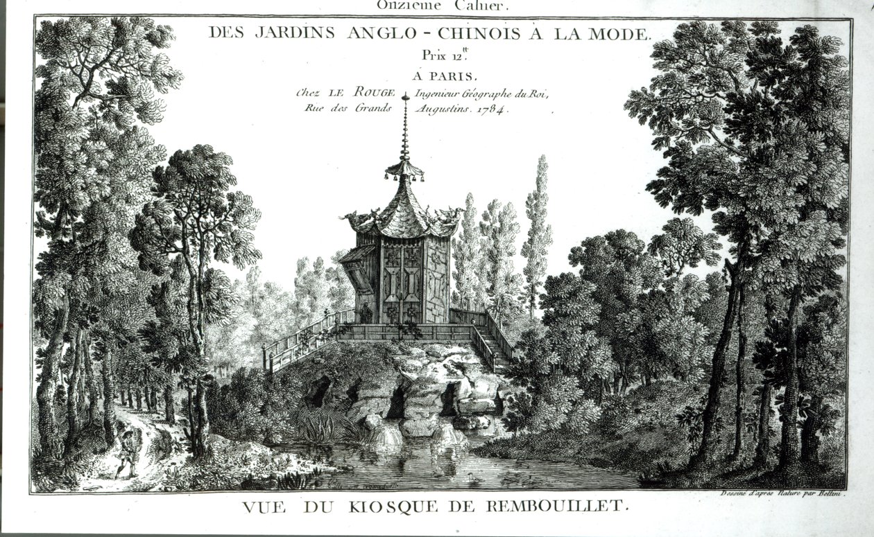 Veduta del Chiosco a Rambouillet, da Jardins Anglo-Chinois a la mode di George Louis le Rouge, pubblicato nel 1775-78 da French School