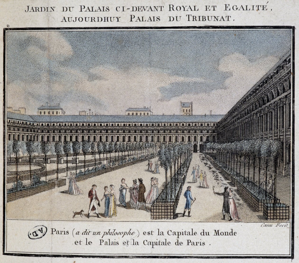 Veduta del Palazzo Reale (Palais du Tribunat) con giardino e passeggiatori da French School