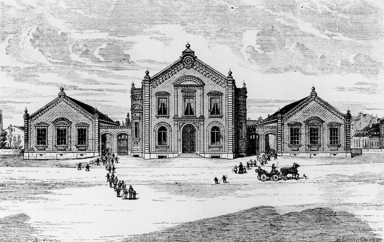 Vista delle scuole e del teatro, Familistero di Guise, da Solutions Sociales di Jean-Baptiste Andre Godin (1817-88), Parigi, 1871 da French School