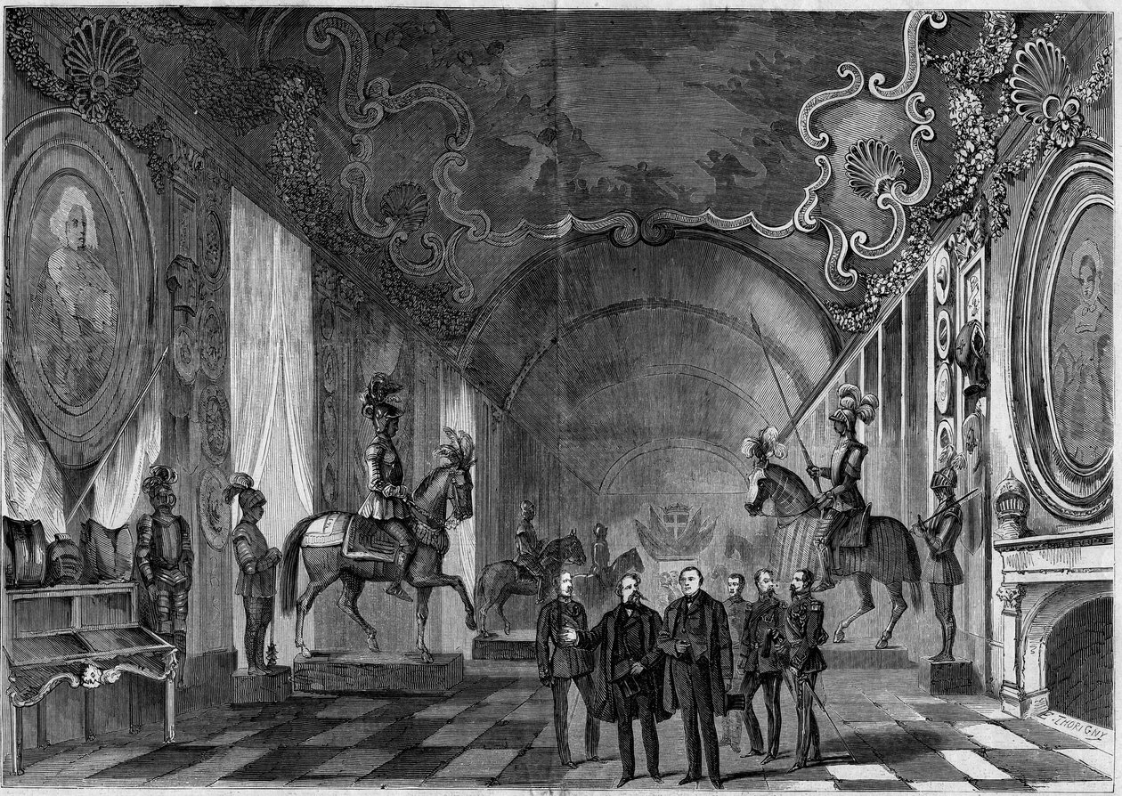 Veduta della sala delle armi del Palazzo di Torino (Italia) durante la visita del re Vittorio Emanuele II (1820-1878) e del principe Napoleone (1822-1891) da French School