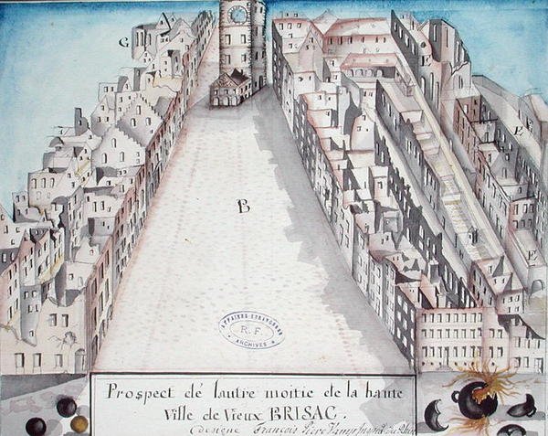 Vista del centro di Brisach dopo il bombardamento francese nel 1793 da French School