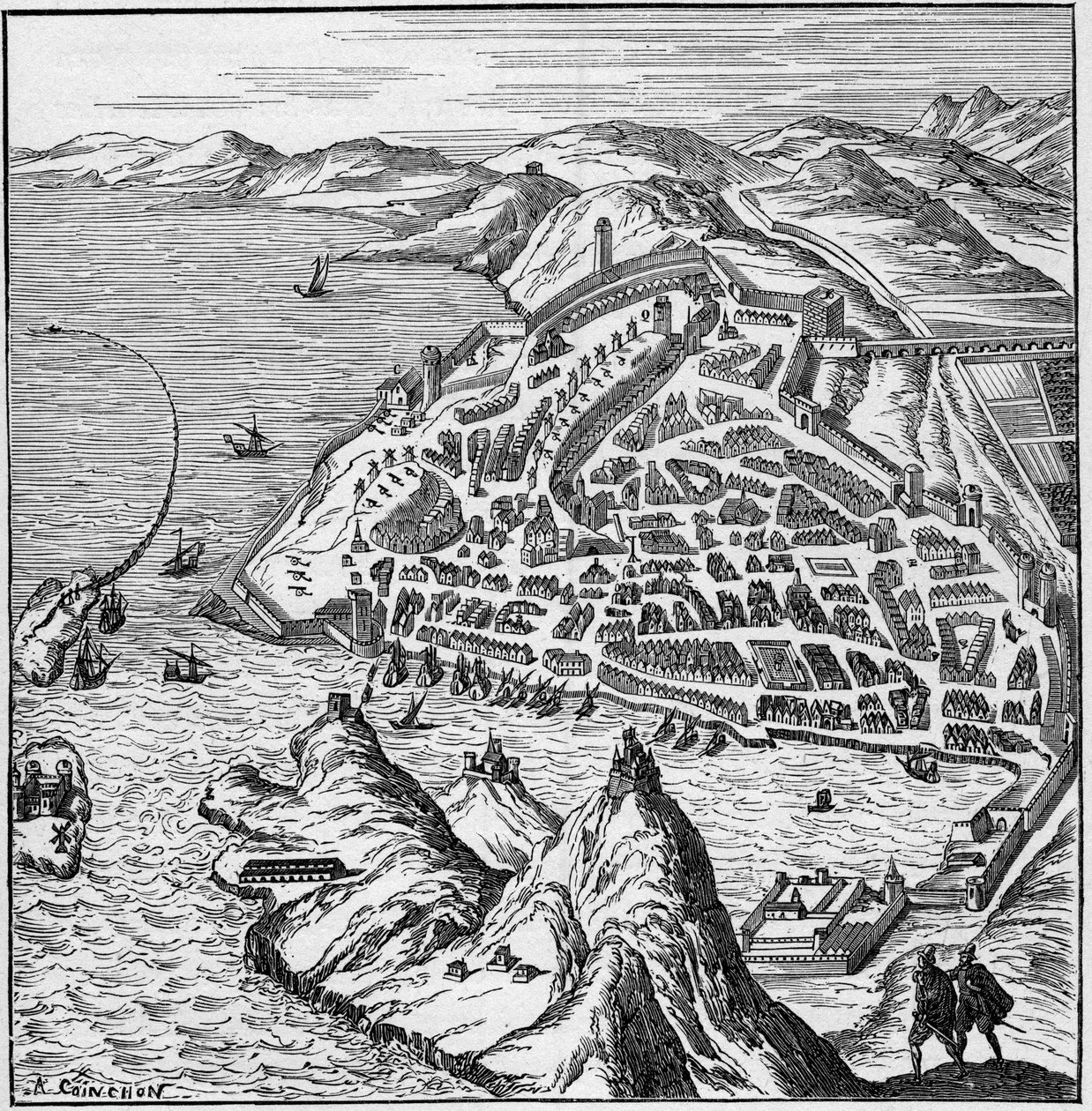 Veduta della città e del porto di Marsiglia nel XVI secolo - incisione in "La Marine et les colonies: commerce" da French School