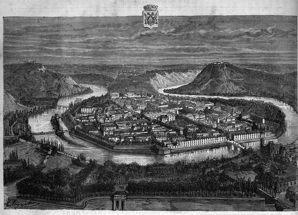 Veduta della città di Besançon nel Doubs. Incisione del 1880 in "La republique illustree" collezione privata da French School