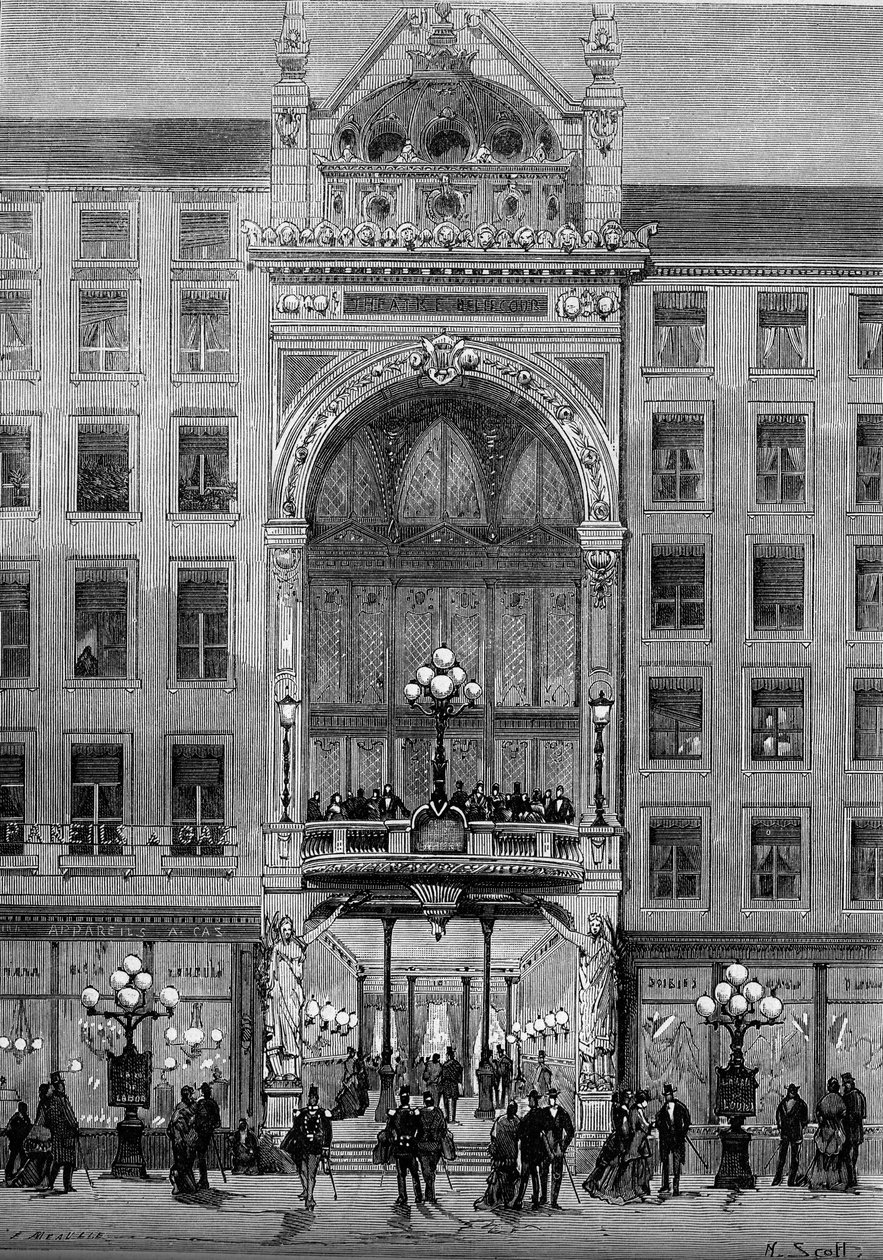 Vista della facciata del teatro Bellecour a Lione, costruito da Jules Chatron (1831-1884) nel 1879. Incisione in "Le Monde Illustré" n.1176 dell