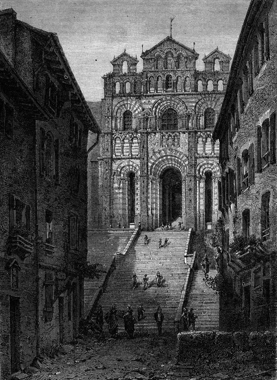 Vista della facciata della Cattedrale Notre Dame du Puy en Velay (Puy-en-Velay), Haute Loire (43) da French School