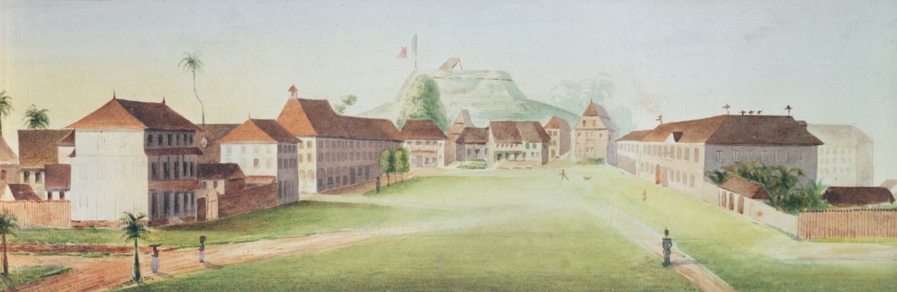 Veduta delle caserme di fanteria a Cayenne, Guyana francese, c. 1840 da French School