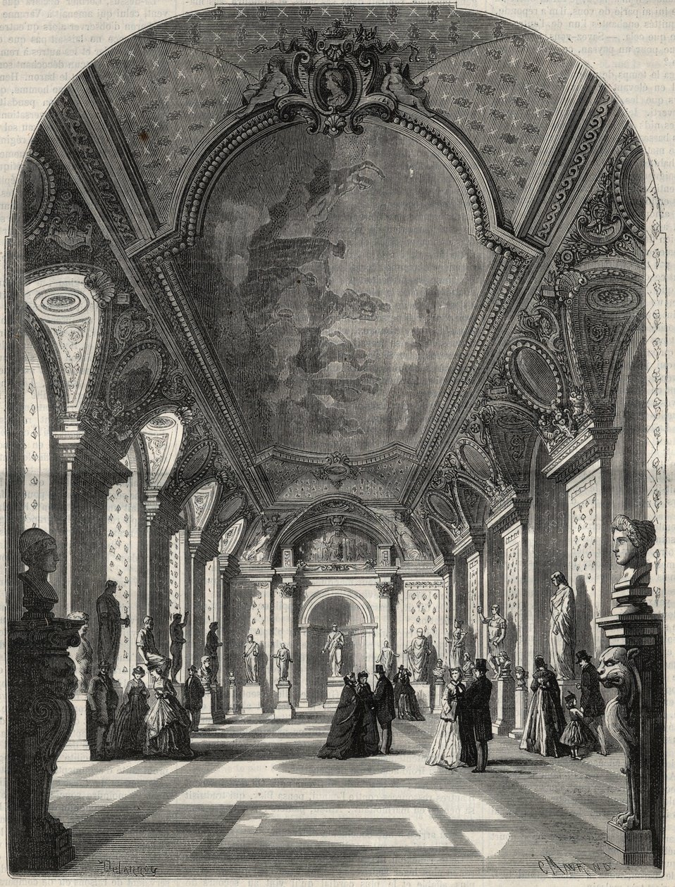 Veduta della nuova sala degli imperatori romani, al Museo delle antichità del Louvre. Incisione in 
