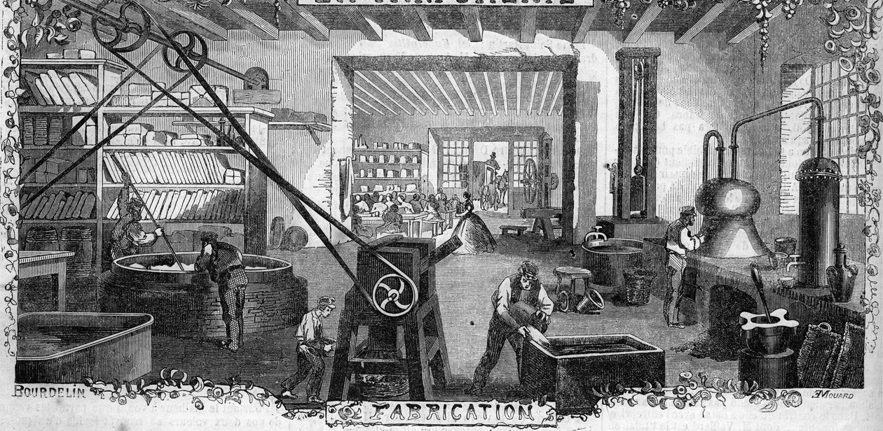 Veduta della fabbrica di profumi Delettrez a Neuilly da French School