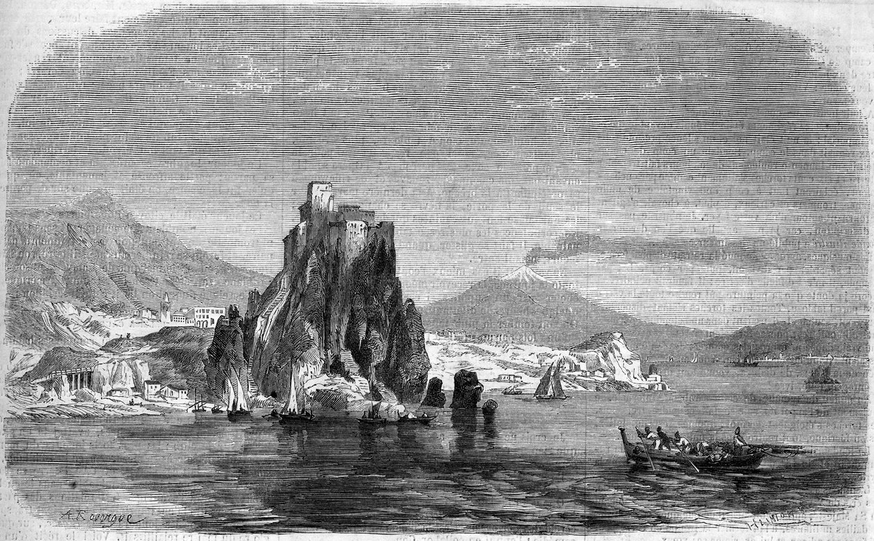Vista delle rocce di "Cariddi" e "Scilla" nello Stretto di Messina, Sicilia da French School