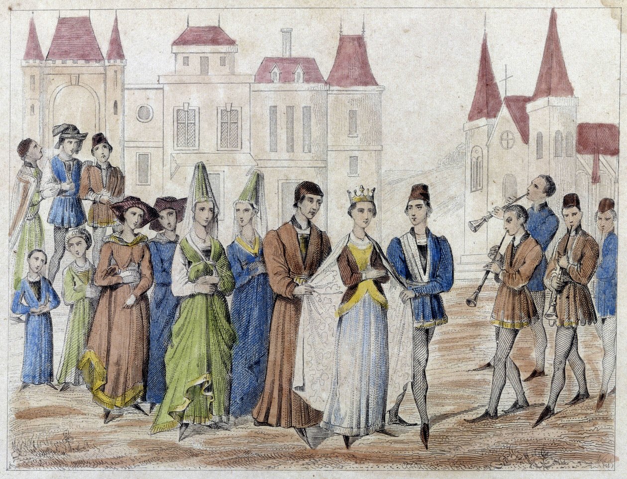 Matrimonio di villaggio sotto Carlo V - Incisione XIX secolo da French School