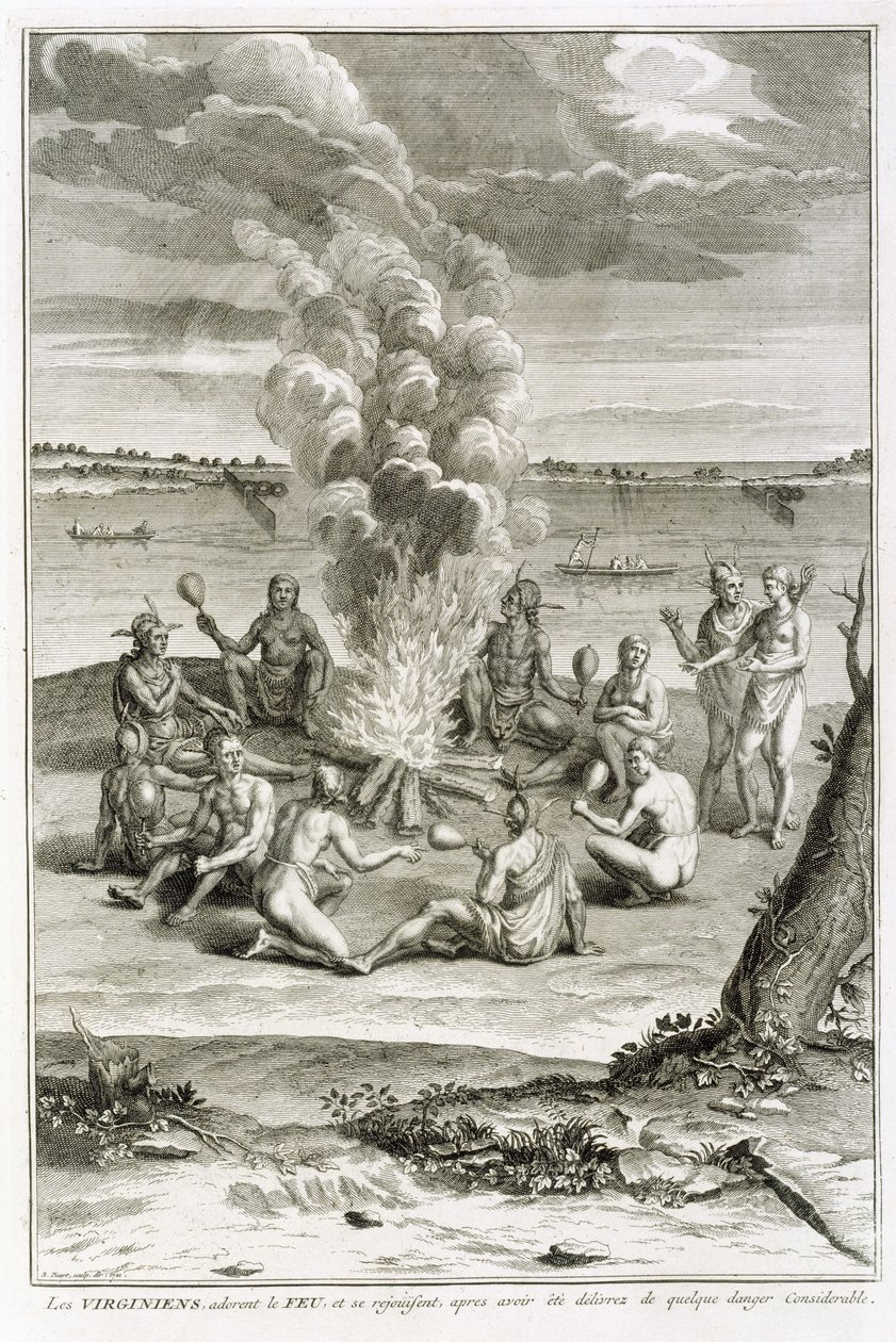 I virginiani adorano il fuoco e gioiscono di essere stati liberati da un pericolo considerevole, illustrazione da Cerimonie e usanze religiose, inciso da Bernard Picart (1673-1733) 1721 da French School