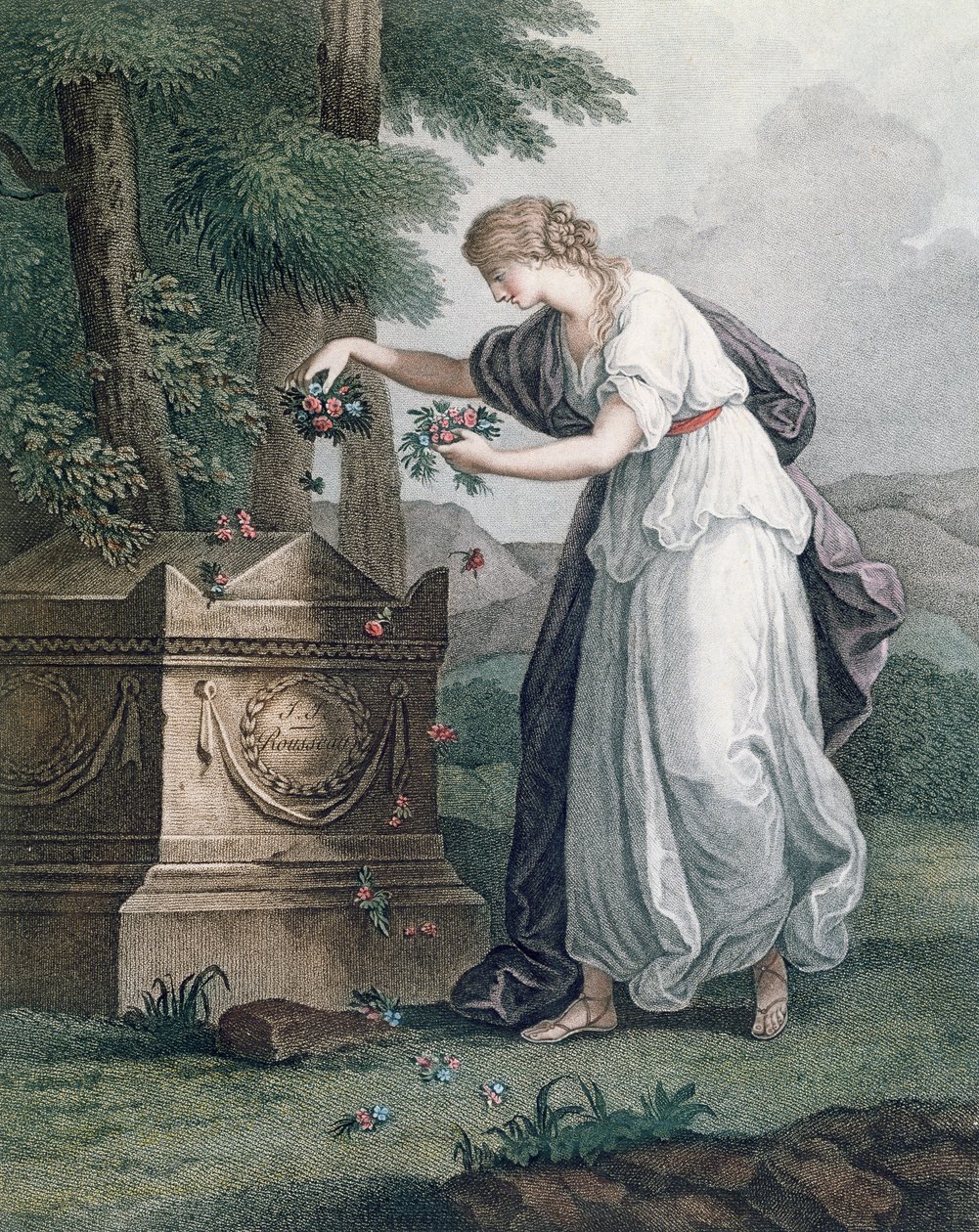 La virtù rende omaggio alla tomba di Rousseau, Ermenonville (Tombeau de Jean Jacques Rousseau), 1866 (incisione a puntasecca colorata a mano) da French School