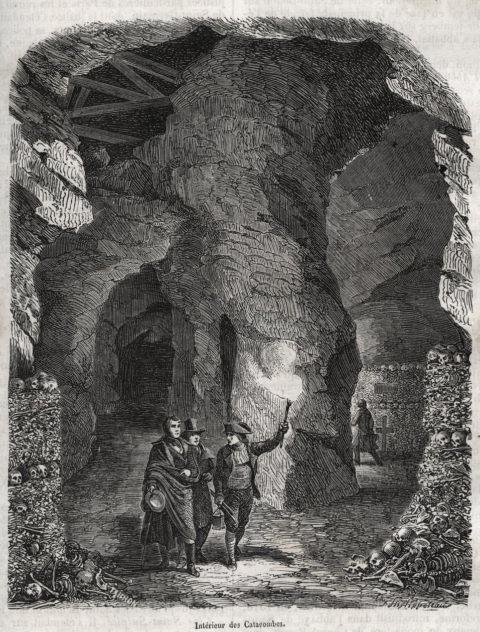 Visita delle Catacombe di Parigi nel XIX secolo - Incisione in “Storia fisica, civile e morale di Parigi: dai primi tempi storici ai giorni nostri” di Jacques Antoine Dulaure da French School