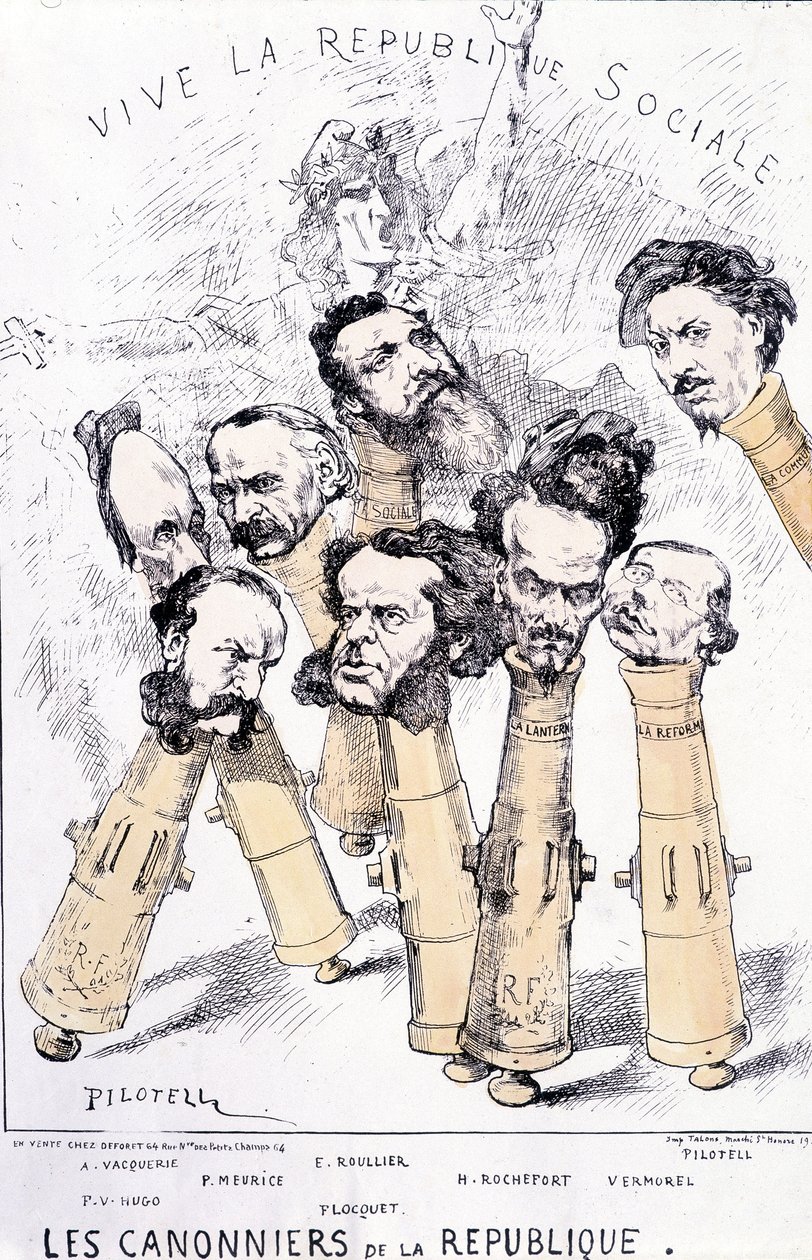 Viva la Repubblica sociale - Le cannoniere della Repubblica: A. Vacquerie, F.V. Hugo, P. Meurice, E. Roullier, Flocquet, H. Rochefort, Vermorel, Pilotell. Caricatura da French School