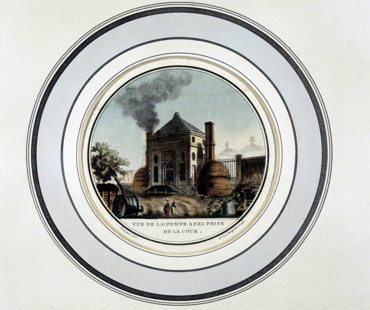 Vista della Pompa a Fuoco presa dal cortile - litografia in "Vedute pittoresche dei principali edifici di Parigi" di Sergeant da French School