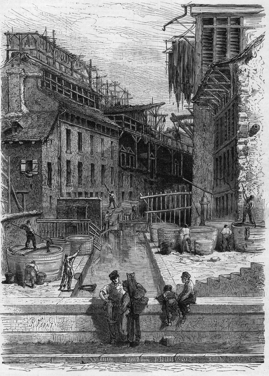 Vista di un impianto di concia e lavaggio pelli sulle rive della Bièvre a Parigi da French School
