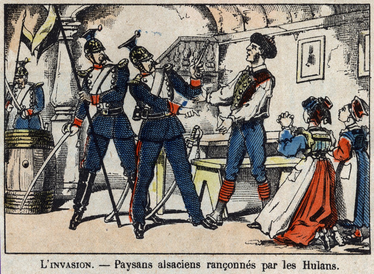 Guerra del 1870 tra Francia e Prussia: contadini alsaziani derubati dagli Uhlans (Uhlani, Houlans) immagine di Epinal. da French School
