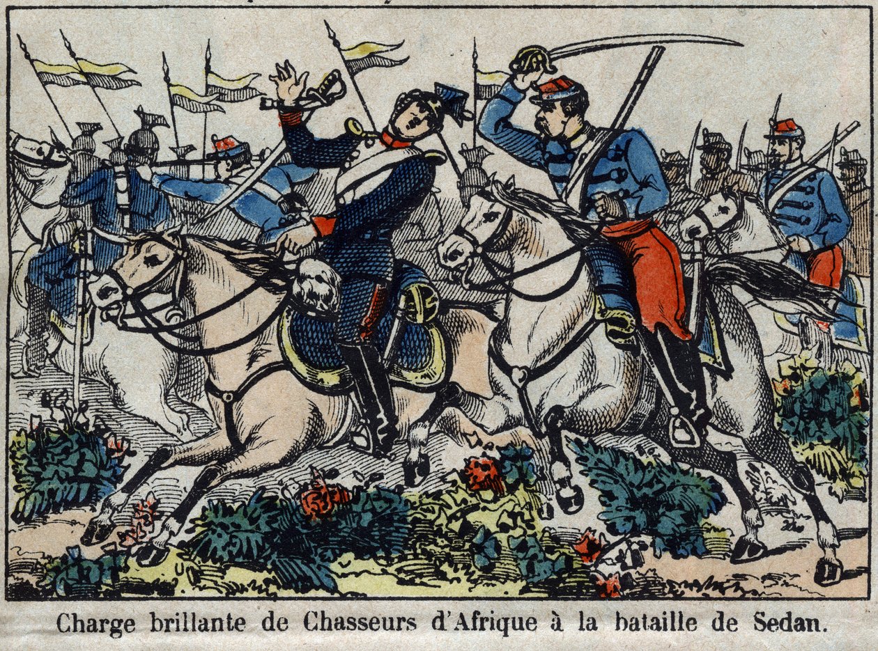 Guerra del 1870 tra Francia e Prussia: carica dei cacciatori africani alla Battaglia di Sedan nel 1870. Immagine di Epinal da French School