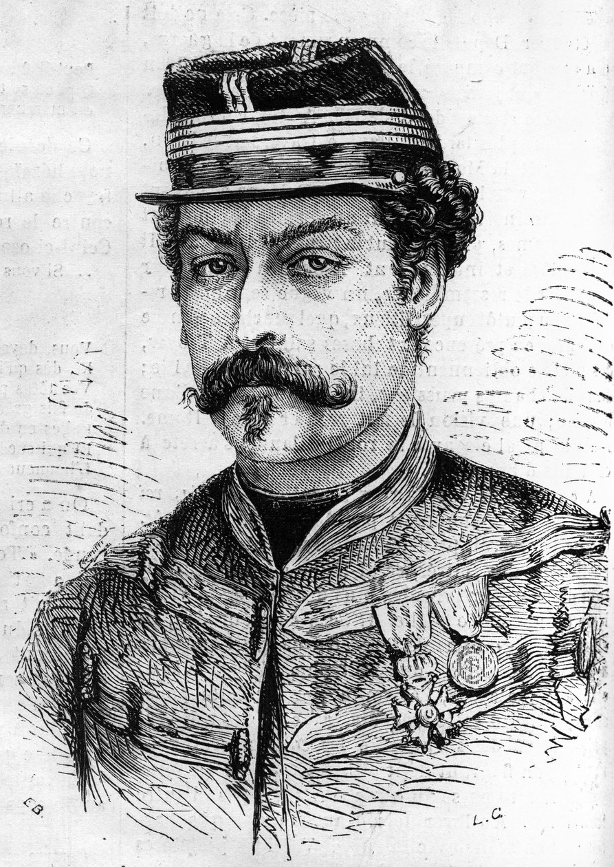Guerra del 1870: ritratto di Leon Franchetti (1834-1870), soldato francese, comandante degli Scouts della Senna. Incisione in "Le Monde Illustré" n. 714 del 17 dicembre 1870 da French School