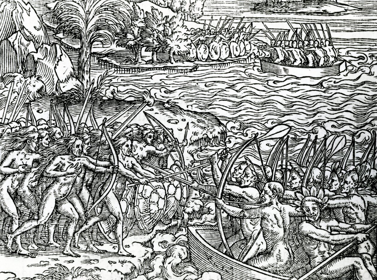 Scena di guerra, Brasile, illustrazione da "Singolarità della Francia Antartica", di André de Thevet, 1558 da French School