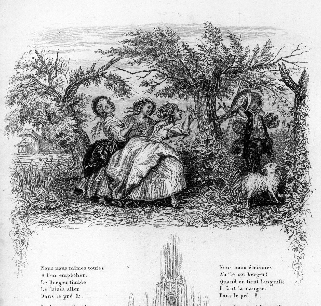 Eravamo tre ragazze. Tre ragazze giocano con un pastore mettendolo a disagio. Incisione in "Chants et chansons populaire de la France", Tome 2 da French School