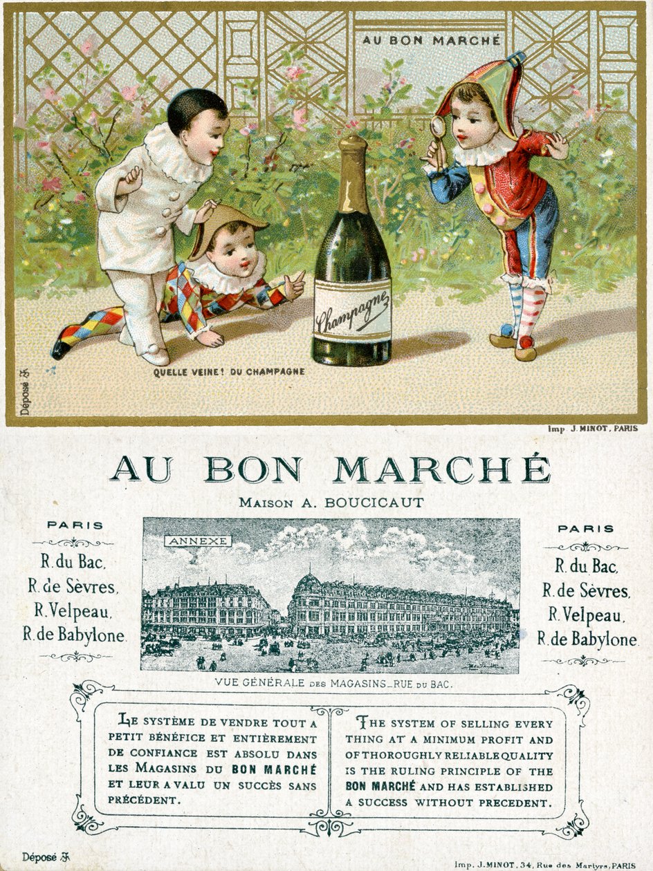 Che fortuna! Una bottiglia di champagne; fronte e retro di una carta promozionale per i grandi magazzini Bon Marché a Parigi, c.1895 da French School