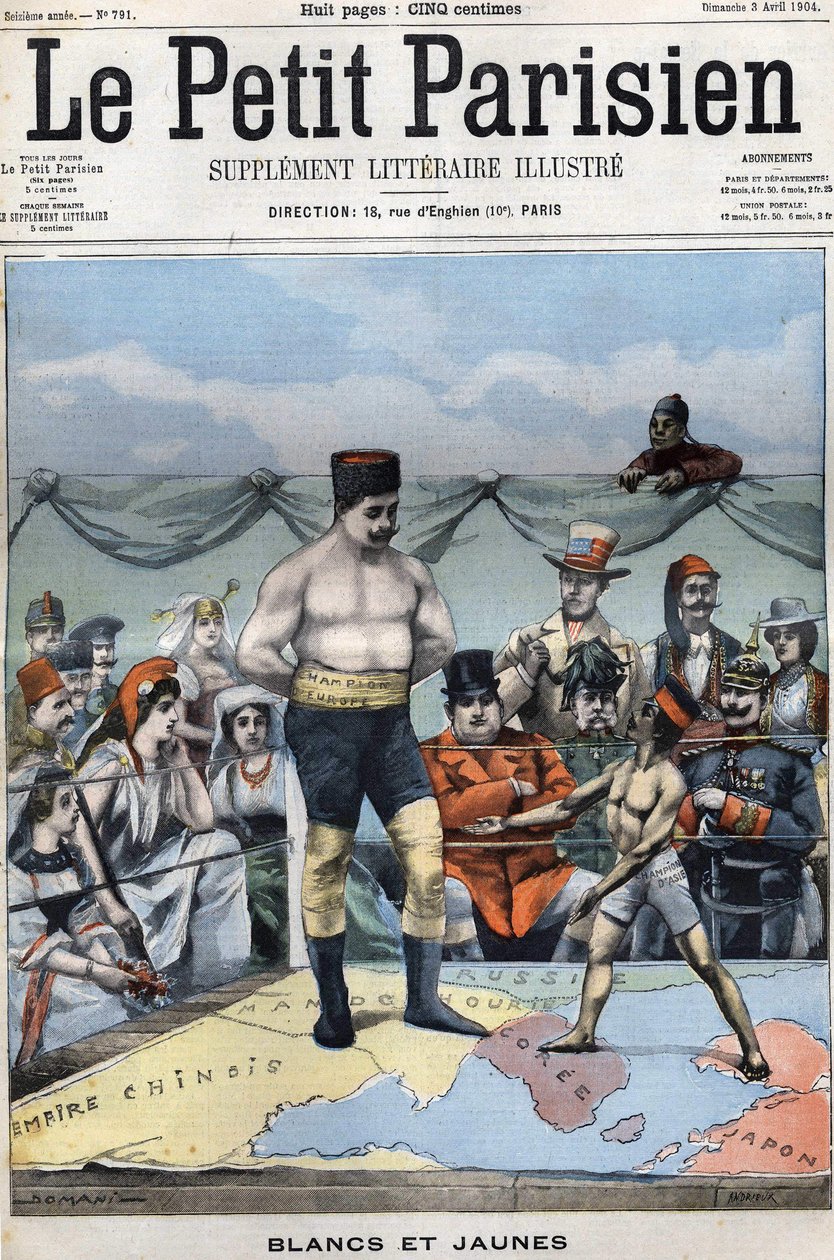 Bianco e Giallo (caricatura sulla guerra russo-giapponese: paesi come Francia, USA, Cina... che guardano Giappone e Russia boxare). Copertina Le petit Parisien del 3 aprile da French School