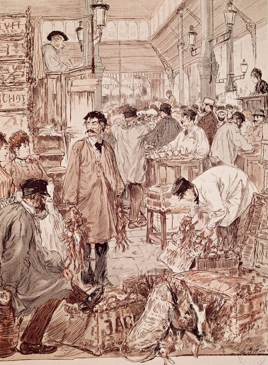 Asta di selvaggina a Les Halles, illustrazione, Parigi, Francia da French School