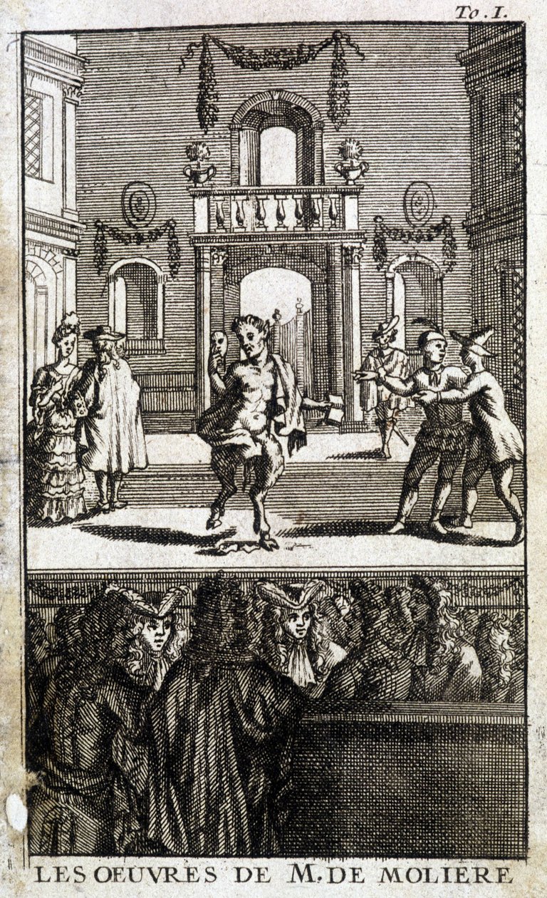 Fauna e personaggi sul palco con pubblico - in "The Works of M. de Molière" da French School