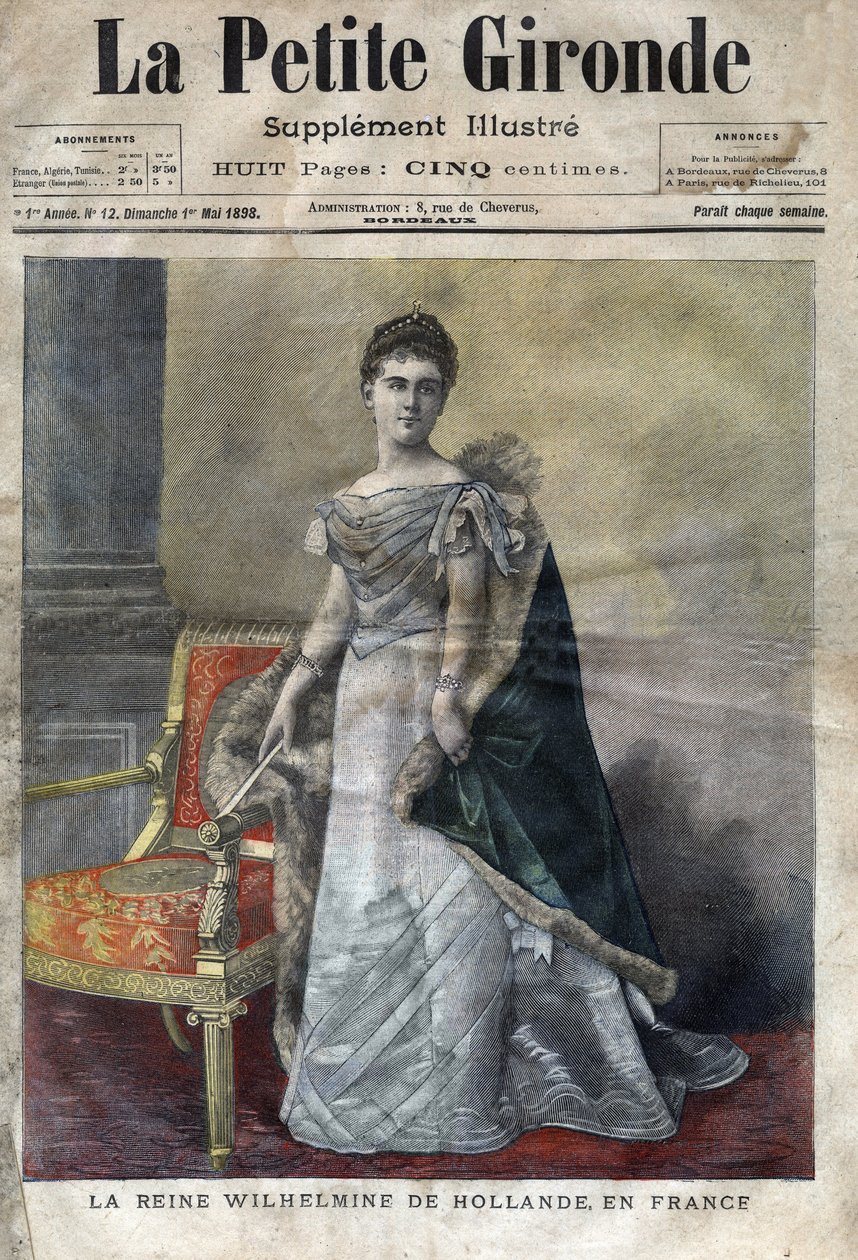 Guglielmina di Orange-Nassau (1880-1962), regina dei Paesi Bassi dal 1890 al 1948, figlia di Guglielmo III, abdicò in favore della figlia Giuliana. Copertina di “La petite Gironde” del maggio 1898 (incisione). da French School