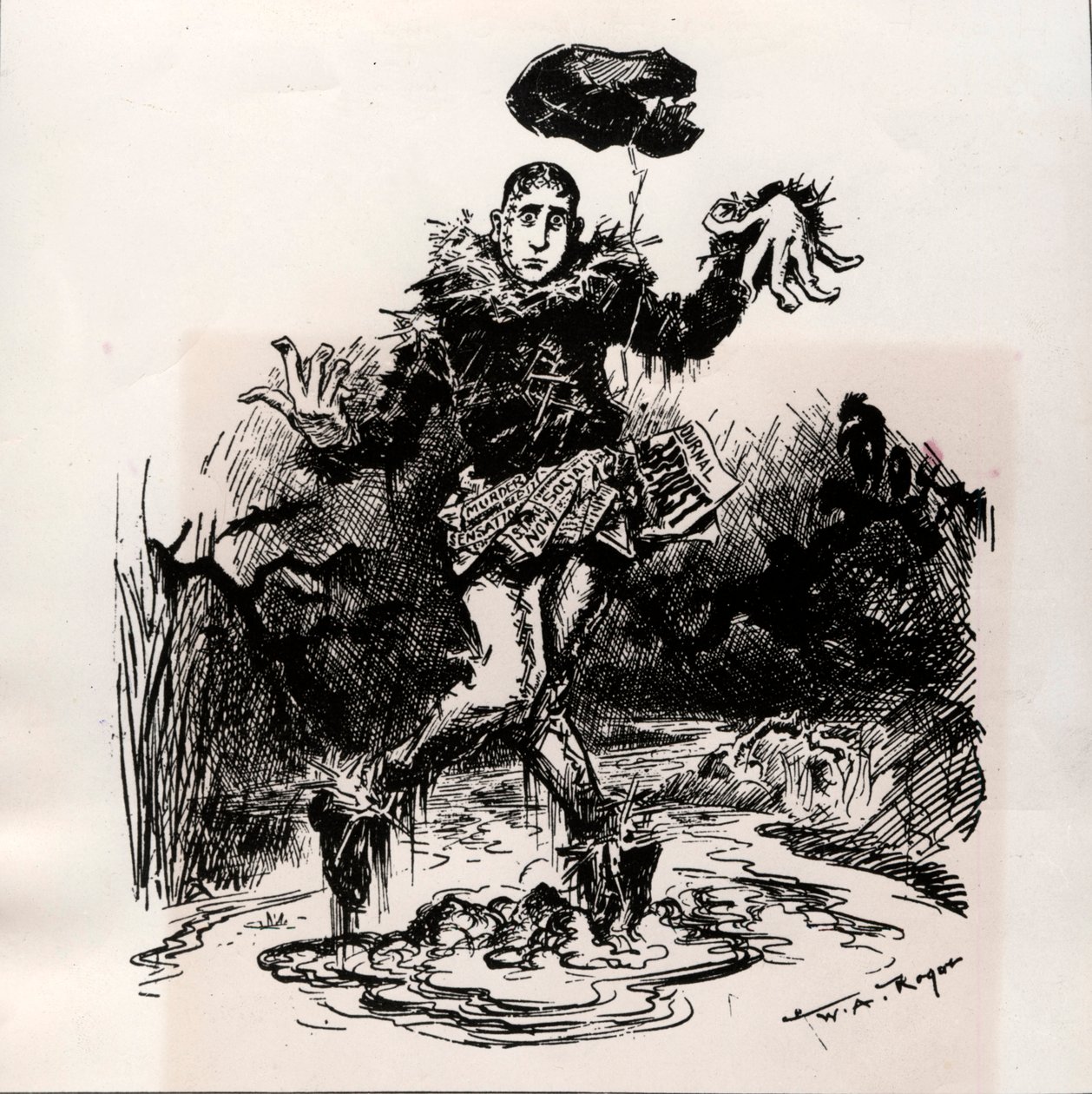 William Hearst, giornalista di cronaca nera, rappresentato come spaventapasseri nel fango - Caricatura di Harper