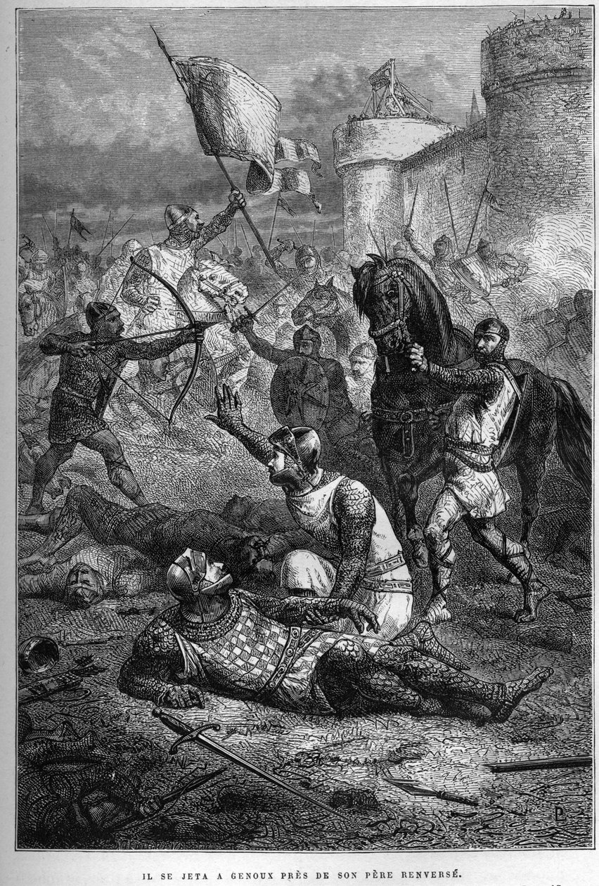 Guglielmo I ferito da suo figlio Roberto mentre combatte in Francia, 1076 - Insurrezione di Roberto Courteheuse da French School