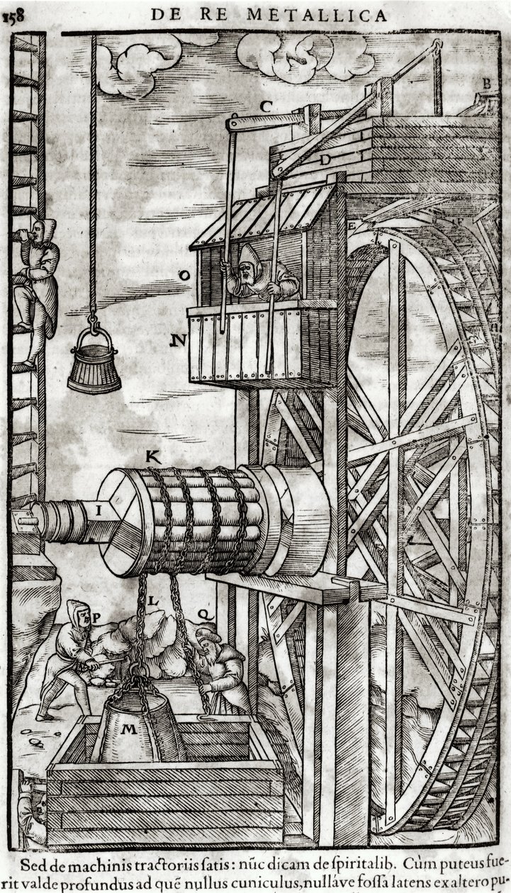 Argano per estrarre acqua da una miniera, illustrazione dal De Re Metallica di Georg Bauer, noto come Agricola, 1561 da French School
